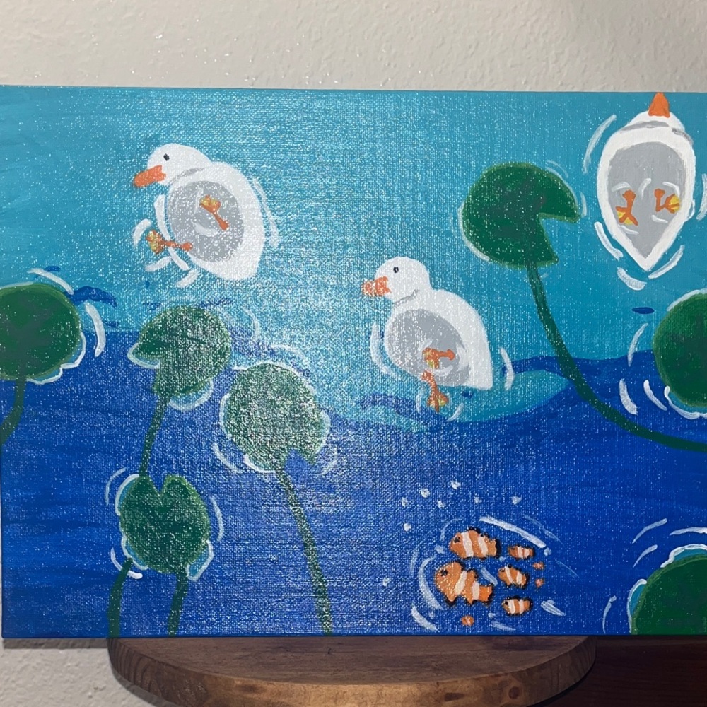 Hand-Painted Canvas with Ducks and Fish